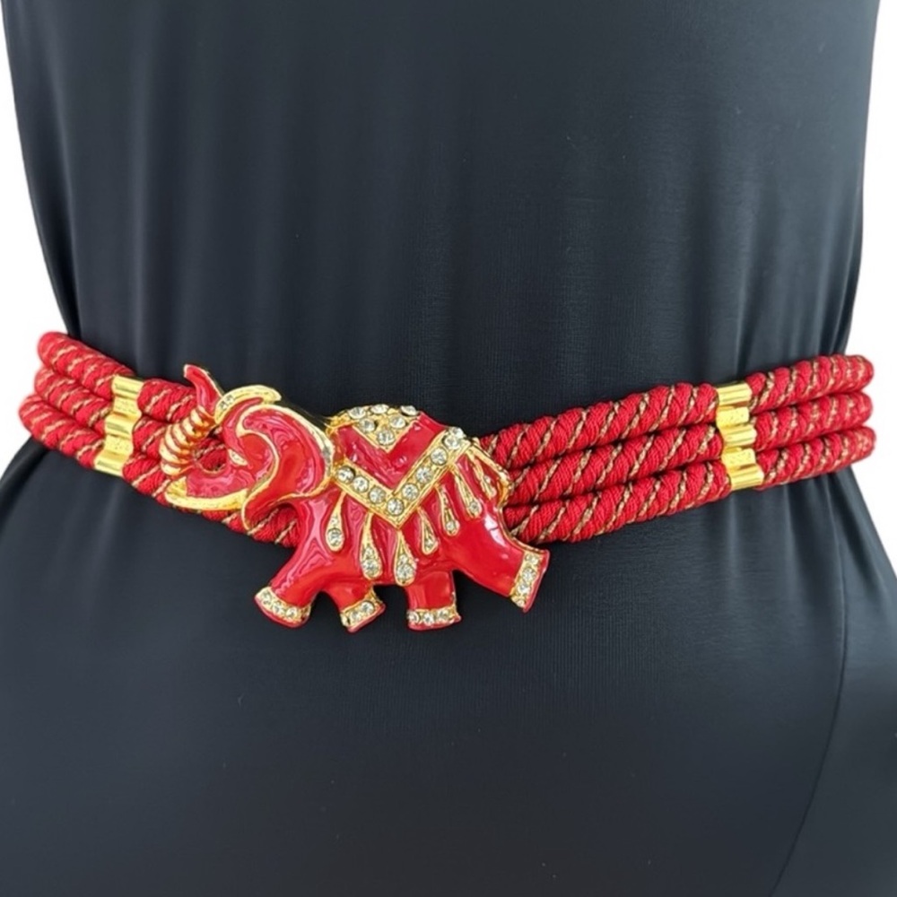 🛑🛑SOLD 🌸Vintage Gutos Red Rhinestone Elephant Stretch Belt - Picture 1 of 17